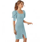 Seduva Women's Knitting stretchable Solid Square Neck 3-4 Puff Sleeve Dress (Pista)