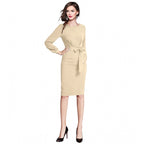 Seduva Women's Knitting stretchable Solid Round Neck Full Sleeve Dress (Beige )