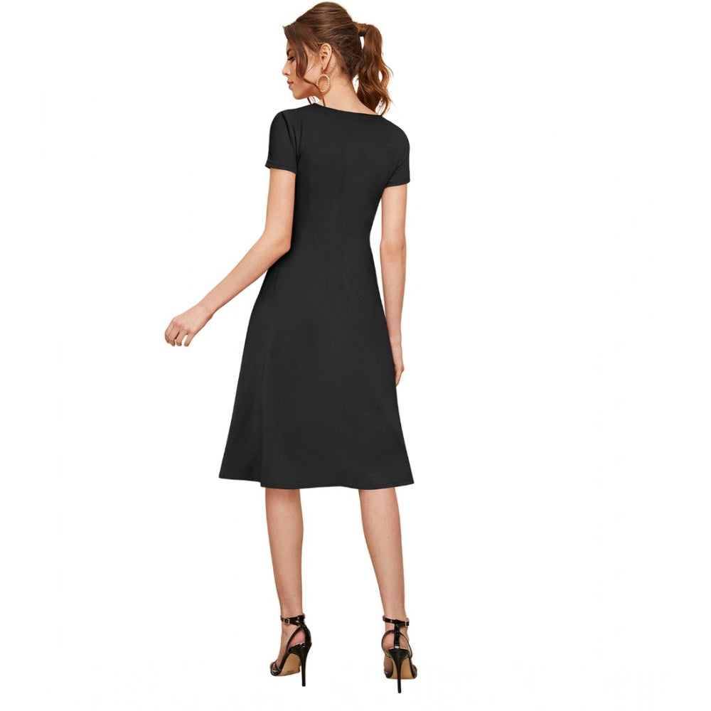 Seduva Women's Knitting stretchable Solid Round Neck Cap Sleeve Dress (Black)