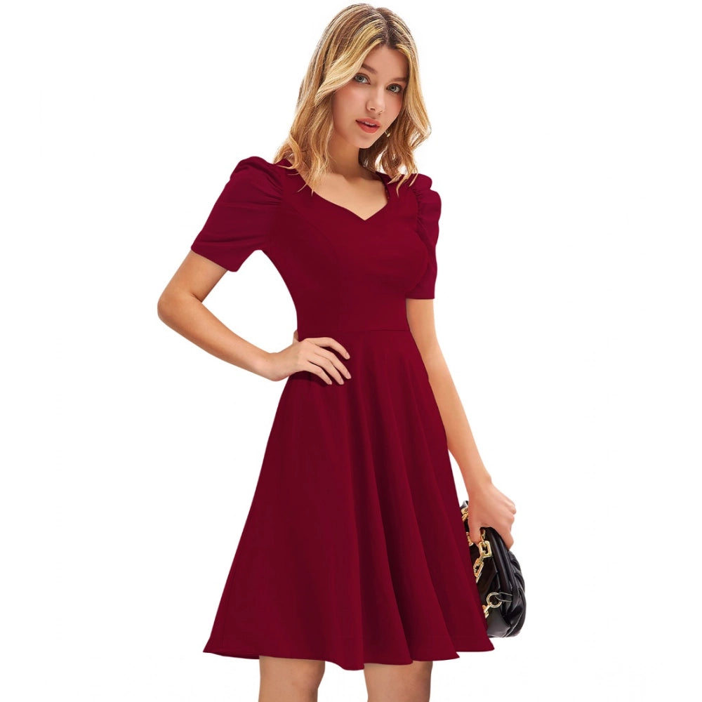 Seduva Women's Knitting stretchable Solid V Neck Cap Sleeve Dress (Maroon)