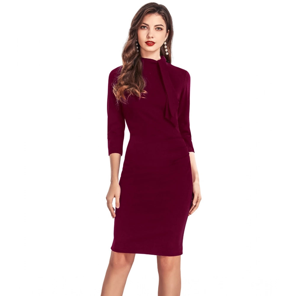 Seduva Women's Knitting stretchable Solid Round Neck 3-4th Dress (Maroon)