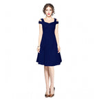Seduva Women's Polyester Solid V Neck Cap Sleeve off Shoulder Dress (Blue)