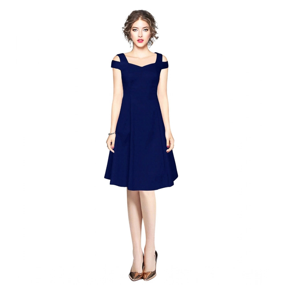Seduva Women's Polyester Solid V Neck Cap Sleeve off Shoulder Dress (Blue)