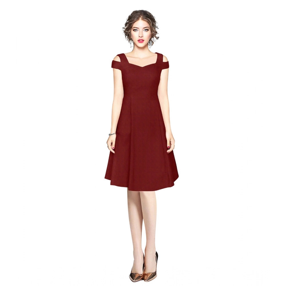Seduva Women's Polyester Solid V Neck Cap Sleeve off Shoulder Dress (Maroon)