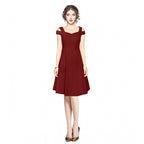 Seduva Women's Polyester Solid V Neck Cap Sleeve off Shoulder Dress (Maroon)