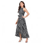 Seduva Women's Polyester Zebra Pattern Halter Neck Sleeveless Dress (Navy Blue)