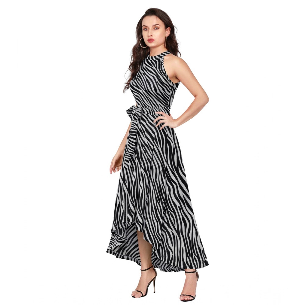 Seduva Women's Polyester Zebra Pattern Halter Neck Sleeveless Dress (Navy Blue)