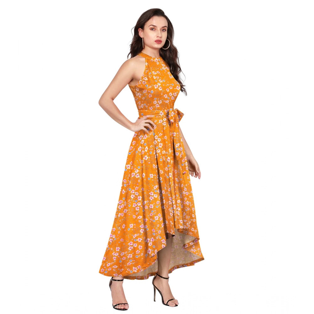 Seduva Women's Polyester Printed Halter Neck Sleeveless Dress (Yellow)