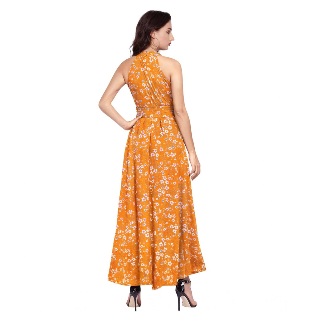 Seduva Women's Polyester Printed Halter Neck Sleeveless Dress (Yellow)