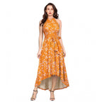 Seduva Women's Polyester Printed Halter Neck Sleeveless Dress (Yellow)