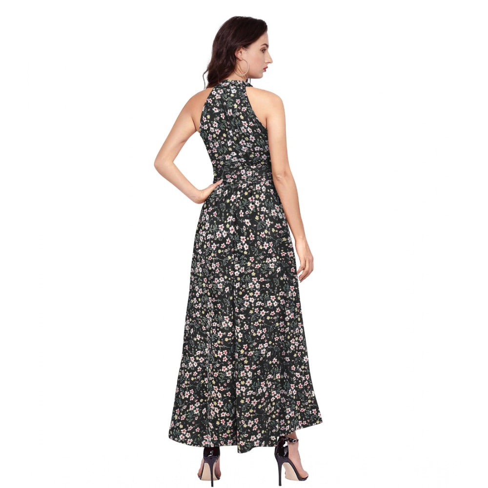 Seduva Women's Polyester Printed Halter Neck Sleeveless Dress (Black)