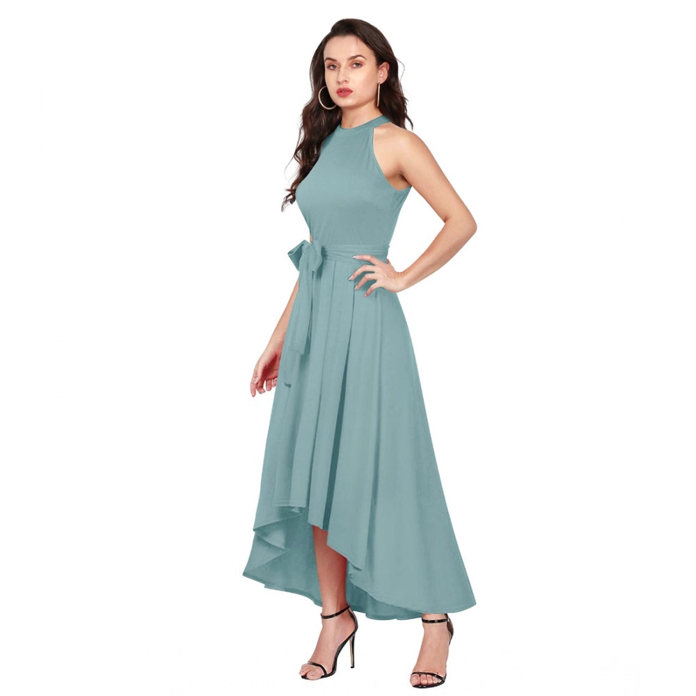 Seduva Women's Polyester Solid Halter Neck Sleeveless Dress (Pista)