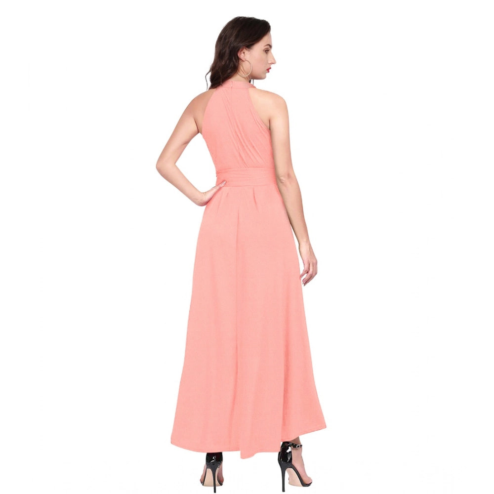 Seduva Women's Polyster Solid Halter Neck Sleeveless Dress (Peach)