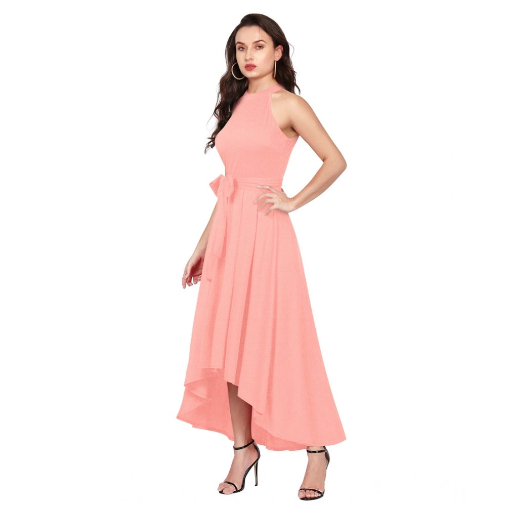 Seduva Women's Polyster Solid Halter Neck Sleeveless Dress (Peach)
