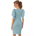 Seduva Women's Knitting stretchable Solid Square Neck 3-4 Puff Sleeve Dress (Pista)