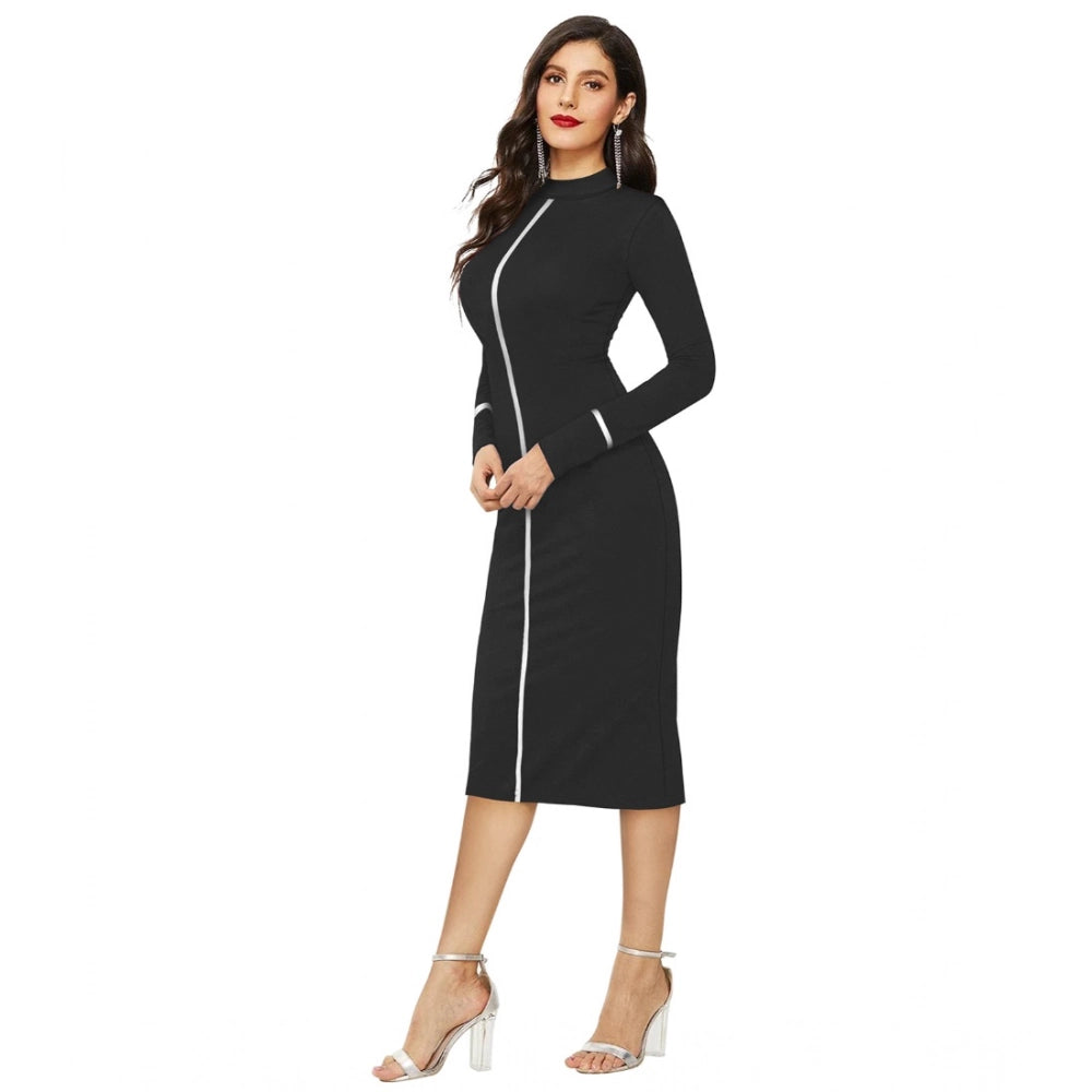 Seduva Women's Knitting stretchable Solid Round Neck Full Sleeve Dress (Black)