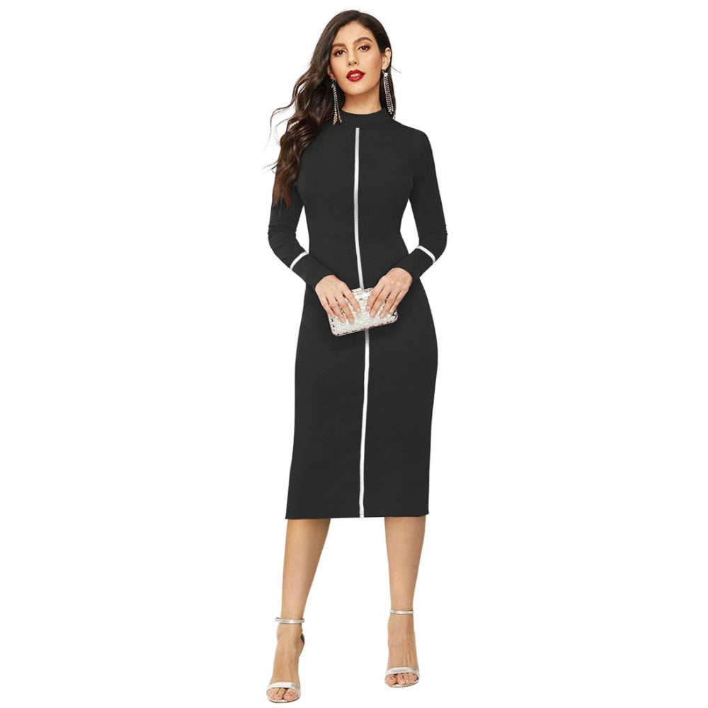 Seduva Women's Knitting stretchable Solid Round Neck Full Sleeve Dress (Black)