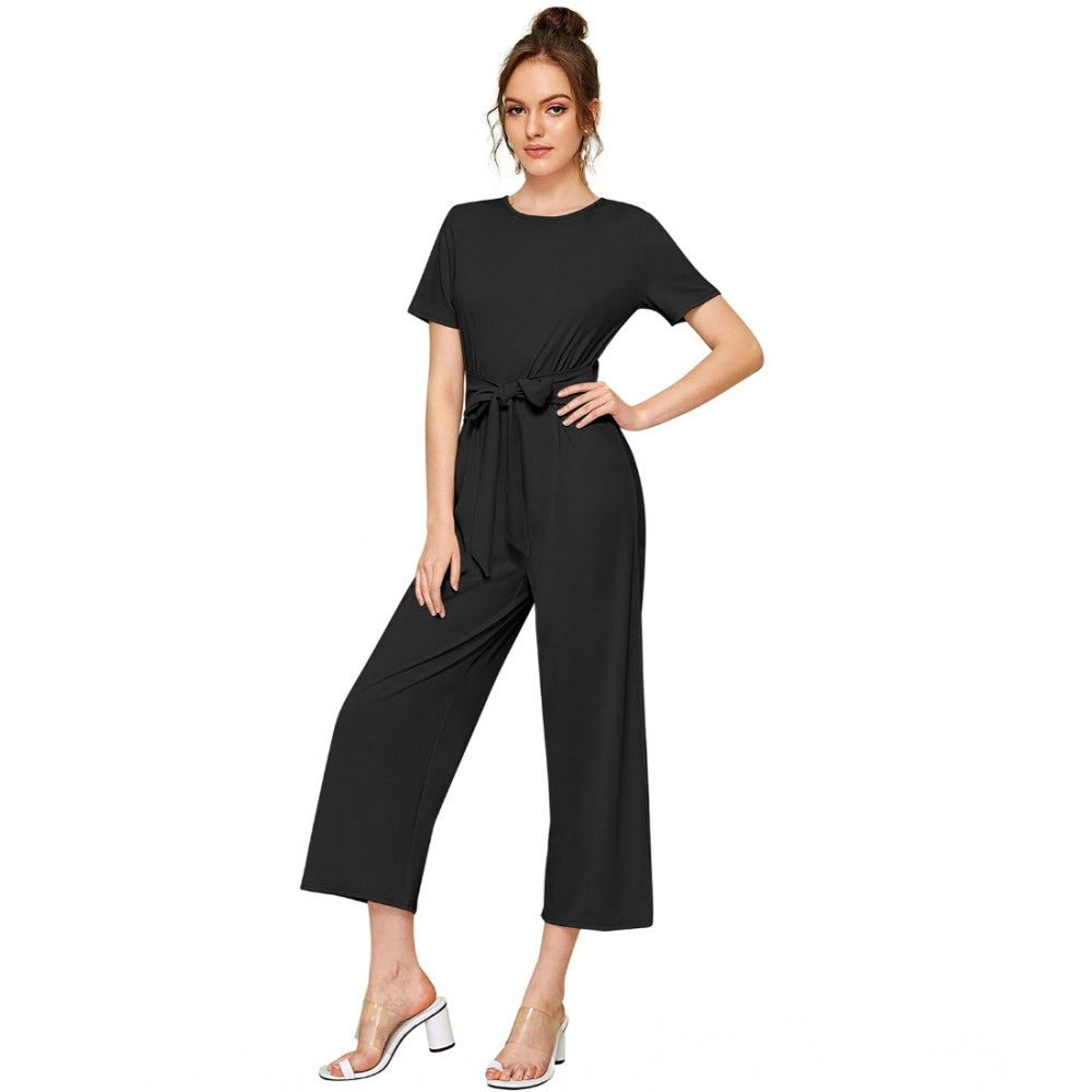 Seduva Women's Knitting stretchable Solid Round Neck Cap Sleeve Jumpsuit (Black)