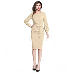 Seduva Women's Knitting stretchable Solid Round Neck Full Sleeve Dress (Beige )