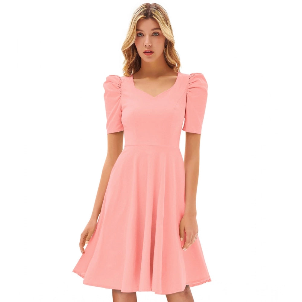 Seduva Women's Knitting stretchable Solid V Neck Cap Sleeve Dress (Peach)