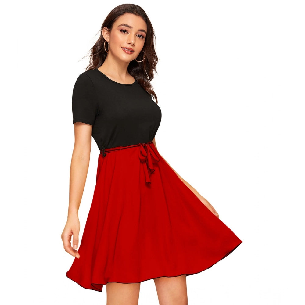 Seduva Women's Knitting stretchable Solid Round Neck Cap Sleeve Dress (Red)