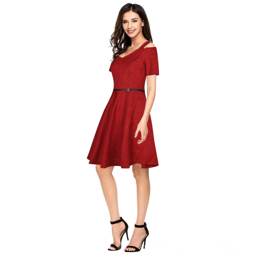 Seduva Women's Polyester Solid V Neck Cap Sleeve Dress (Maroon)