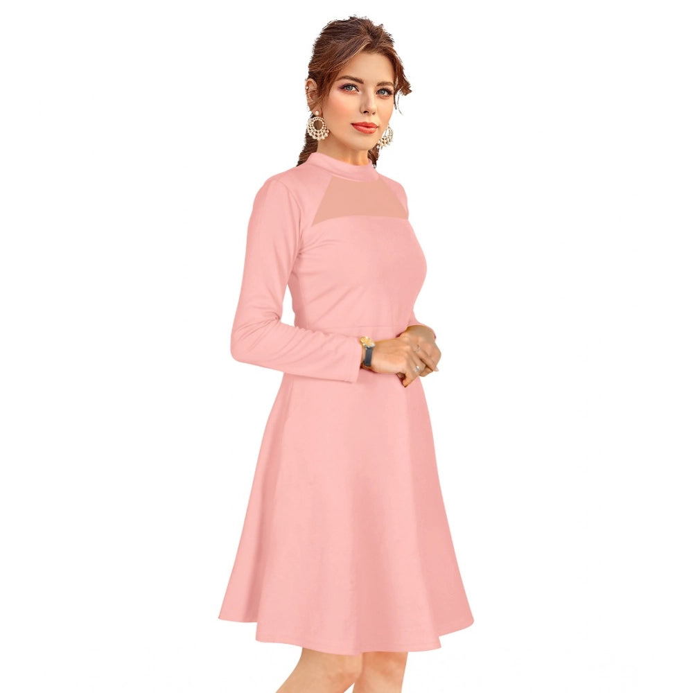 Seduva Women's Knitting stretchable Solid Round Neck Full Sleeve Dress (Peach)