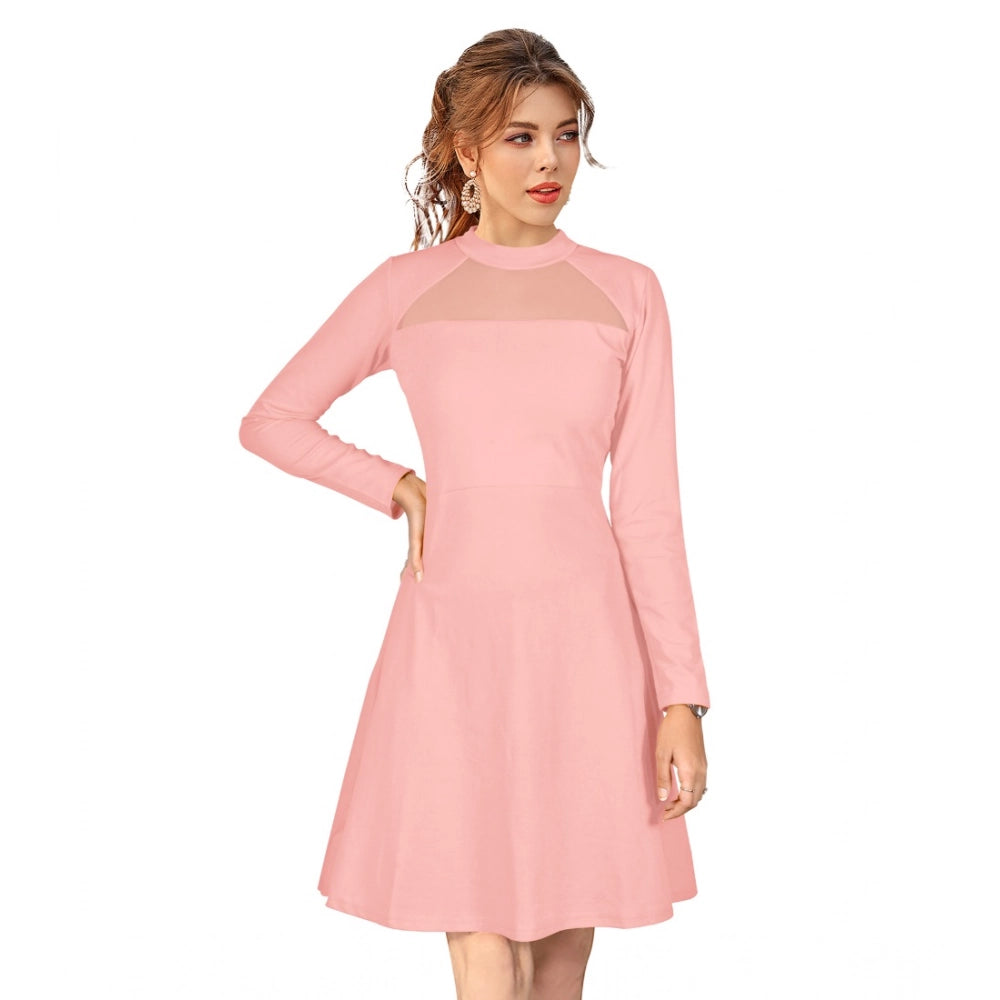 Seduva Women's Knitting stretchable Solid Round Neck Full Sleeve Dress (Peach)