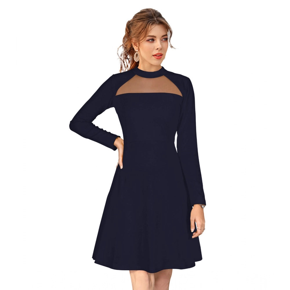 Seduva Women's Knitting stretchable Solid Round Neck Full Sleeve Dress (Blue)