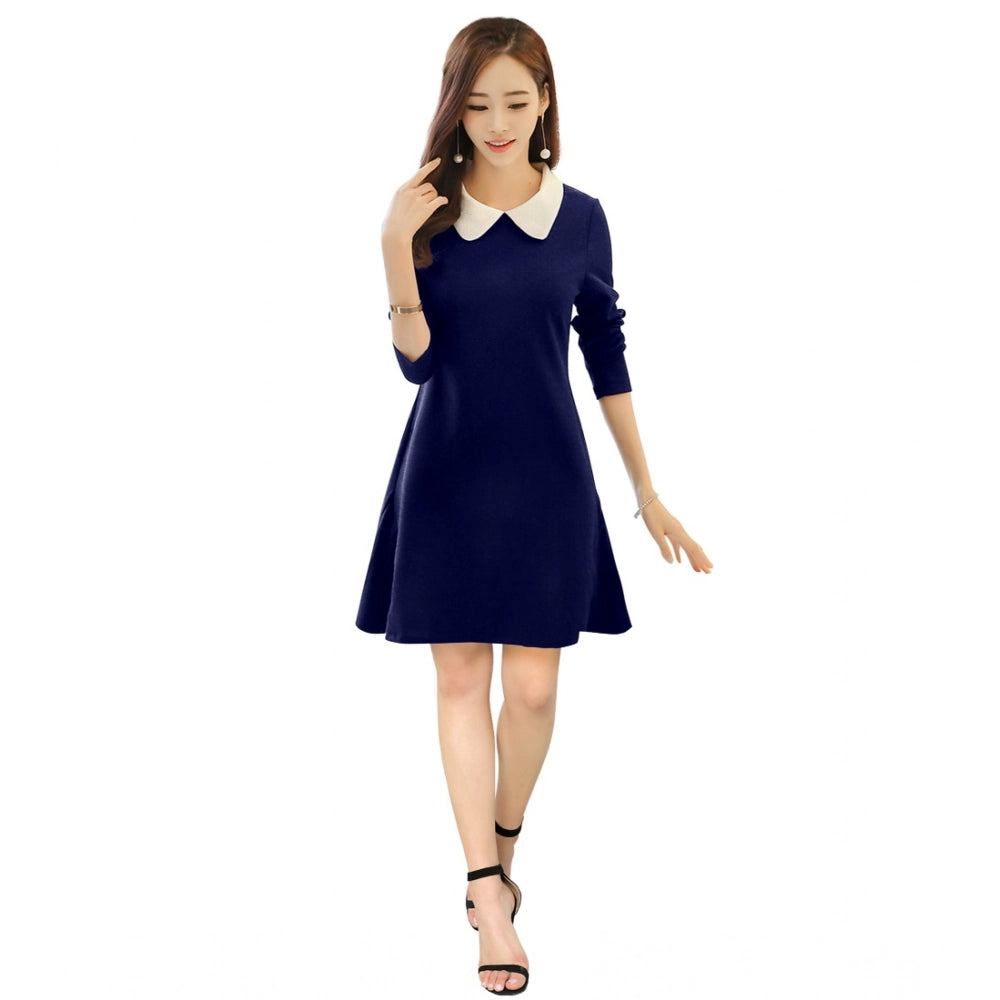 Seduva Women's Polyester Solid Collar 3-4th Dress (Blue)