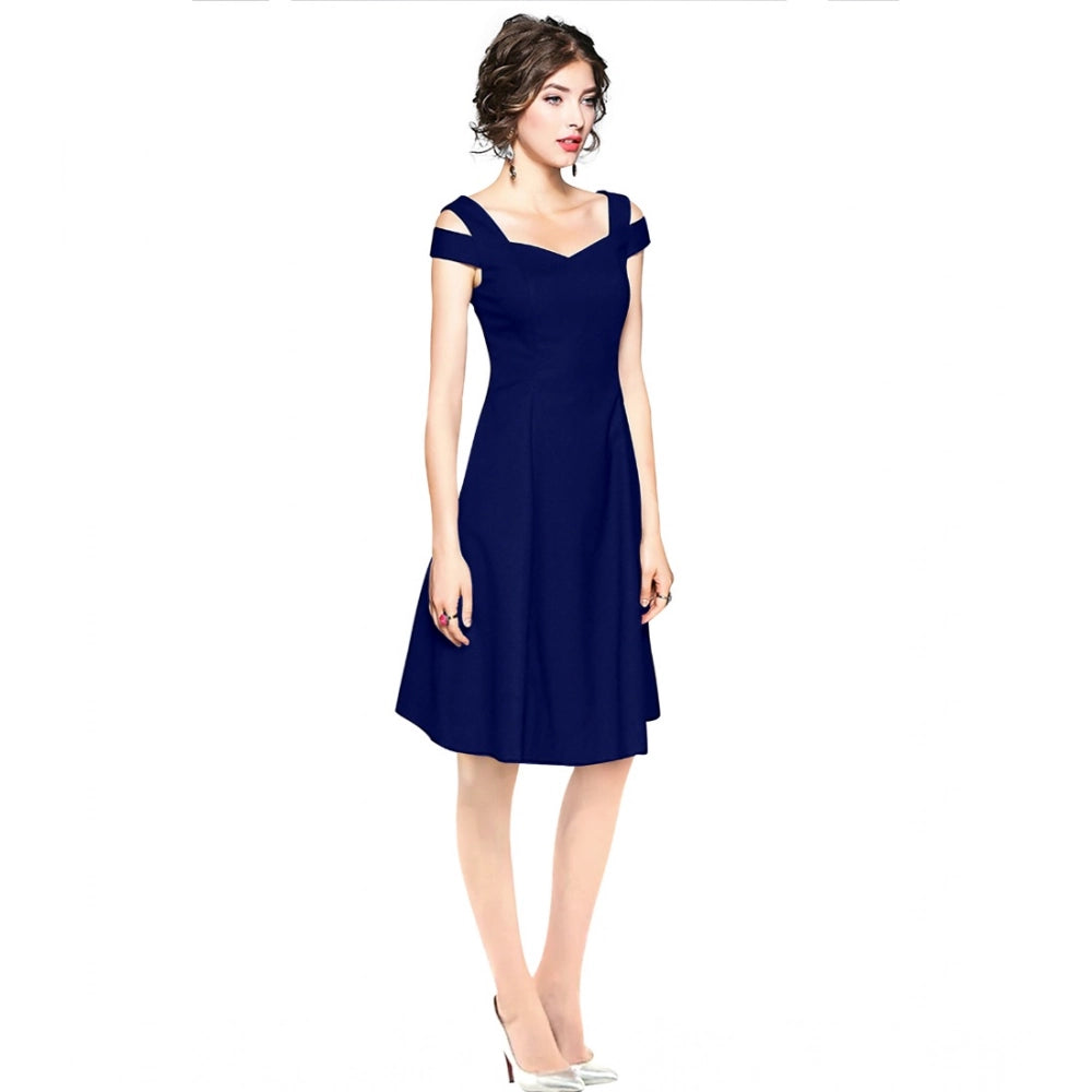 Seduva Women's Polyester Solid V Neck Cap Sleeve off Shoulder Dress (Blue)