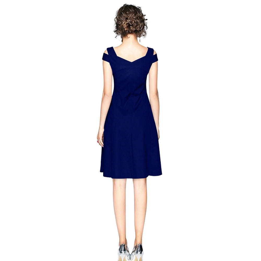 Seduva Women's Polyester Solid V Neck Cap Sleeve off Shoulder Dress (Blue)