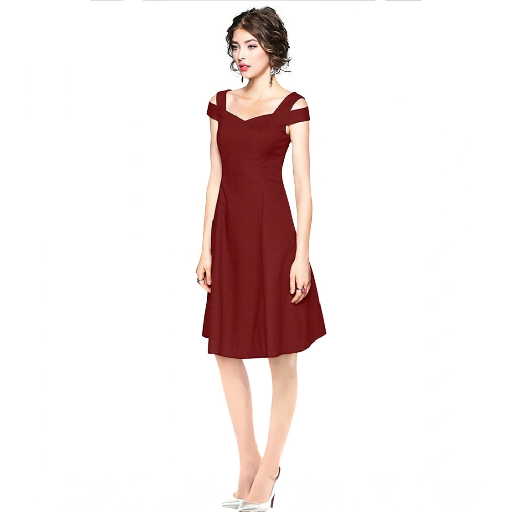 Seduva Women's Polyester Solid V Neck Cap Sleeve off Shoulder Dress (Maroon)