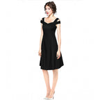 Seduva Women's Polyester Solid V Neck Cap Sleeve off Shoulder Dress (Black)