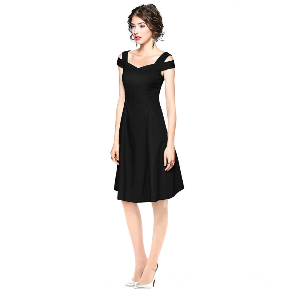 Seduva Women's Polyester Solid V Neck Cap Sleeve off Shoulder Dress (Black)