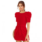 Seduva Women's Knitting stretchable Solid Round Neck 3-4 Puff Sleeve Dress (Red )
