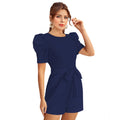 Seduva Women's Knitting stretchable Solid Round Neck 3-4 Puff Sleeve Dress (Blue)