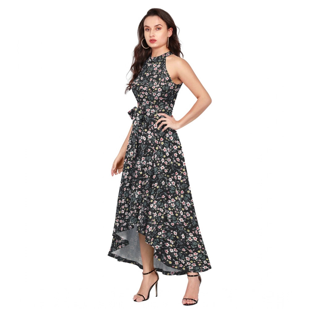 Seduva Women's Polyester Printed Halter Neck Sleeveless Dress (Black)