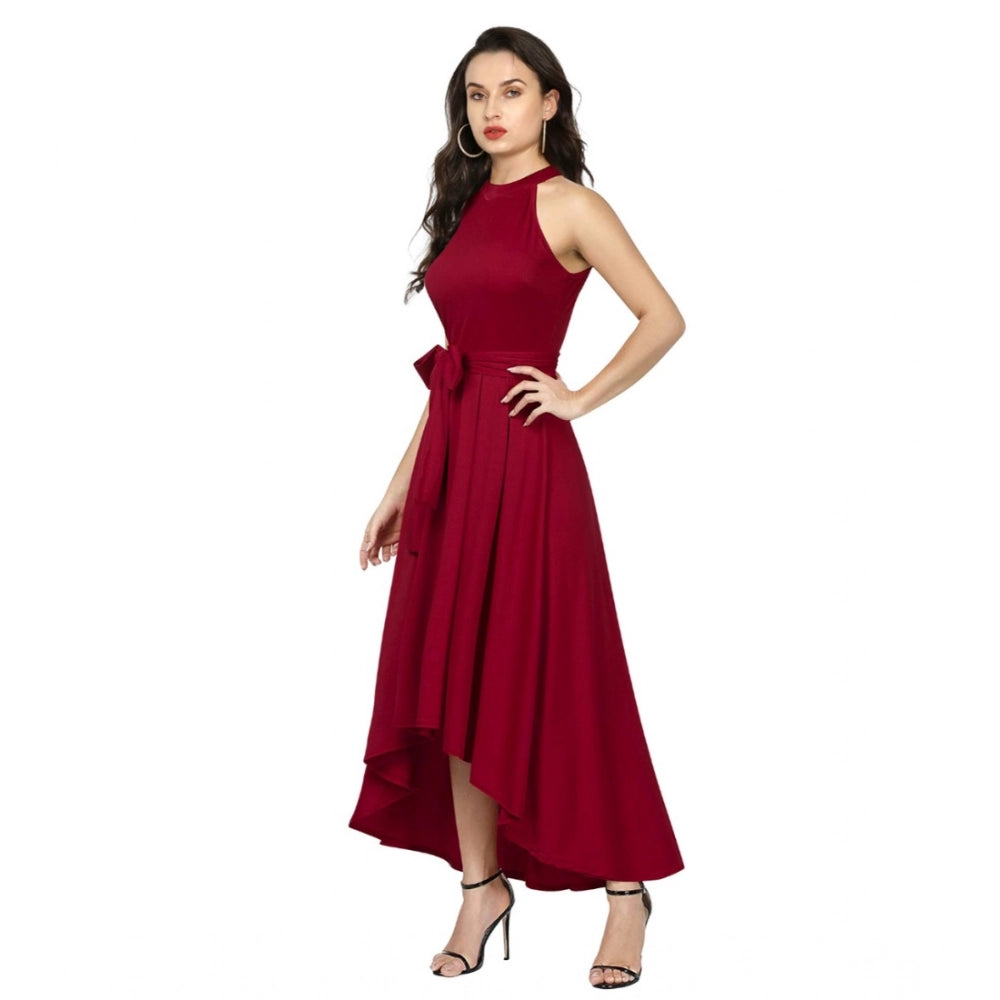 Seduva Women's Polyster Solid Halter Neck Sleeveless Dress (Maroon)