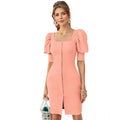 Seduva Women's Knitting stretchable Solid Square Neck 3-4 Puff Sleeve Dress (Peach)