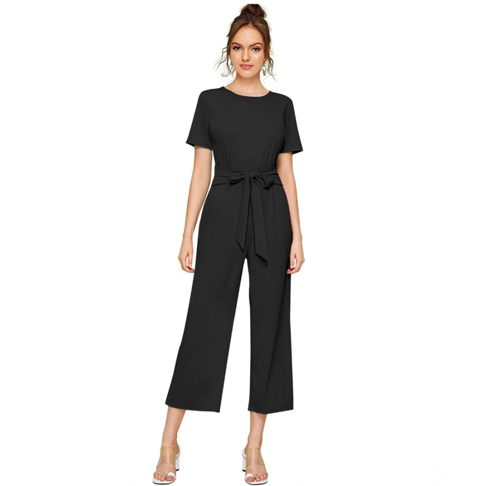 Seduva Women's Knitting stretchable Solid Round Neck Cap Sleeve Jumpsuit (Black)