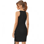 Seduva Women's Knitting stretchable Solid Round Neck Sleeveless Dress (Black)