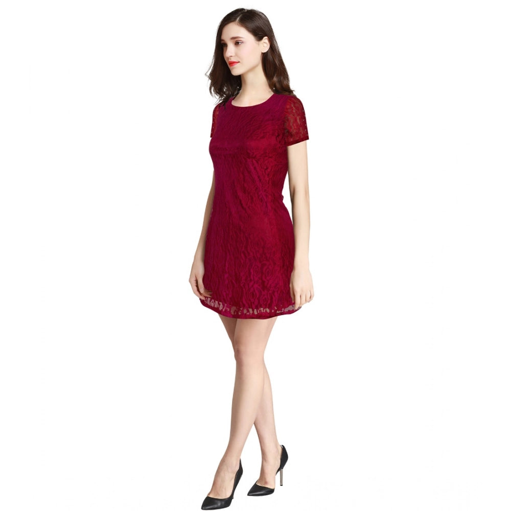 Seduva Women's Rasal Solid Round Neck Cap Sleeve Dress (Maroon)