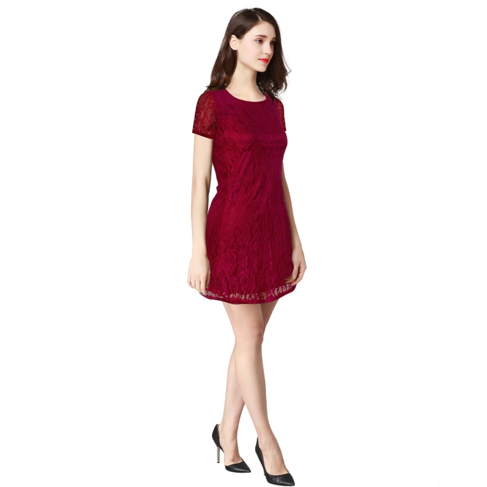 Seduva Women's Rasal Solid Round Neck Cap Sleeve Dress (Maroon)