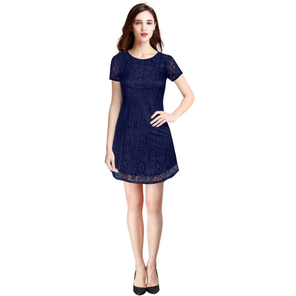 Seduva Women's Rasal Solid Round Neck Cap Sleeve Dress (Blue)