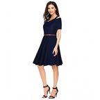 Seduva Women's Polyester Solid V Neck Cap Sleeve Dress (Blue)