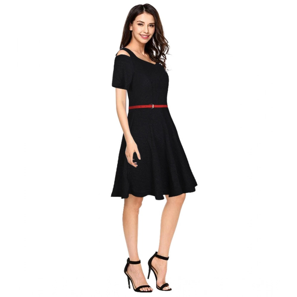 Seduva Women's Polyester Solid V Neck Cap Sleeve Dress (Black)