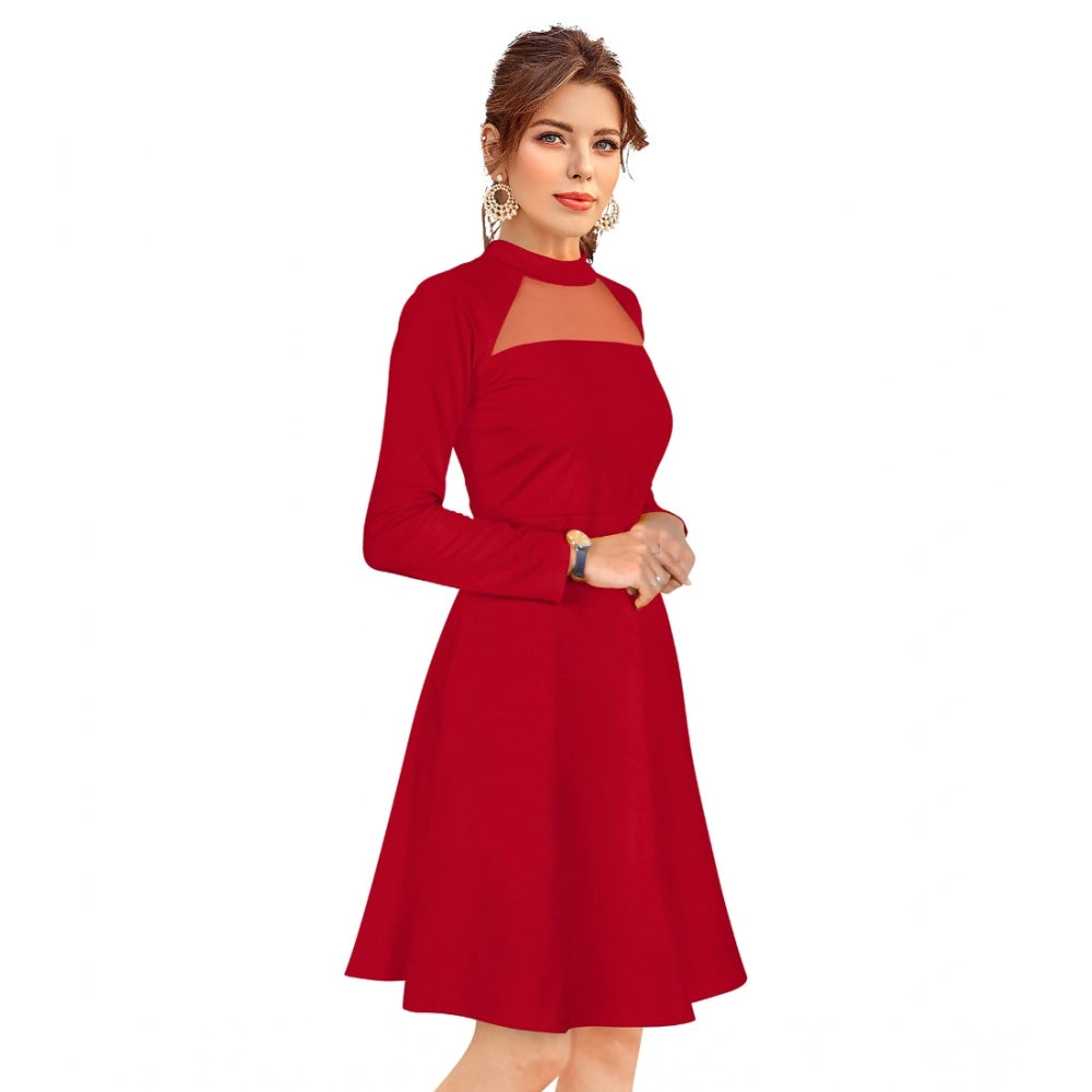 Seduva Women's Knitting stretchable Solid Round Neck Full Sleeve Dress (Red)