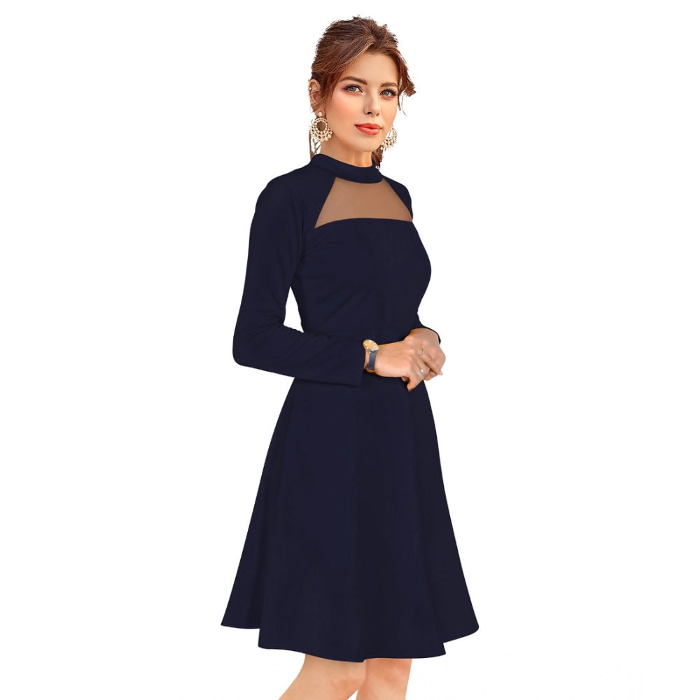 Seduva Women's Knitting stretchable Solid Round Neck Full Sleeve Dress (Blue)