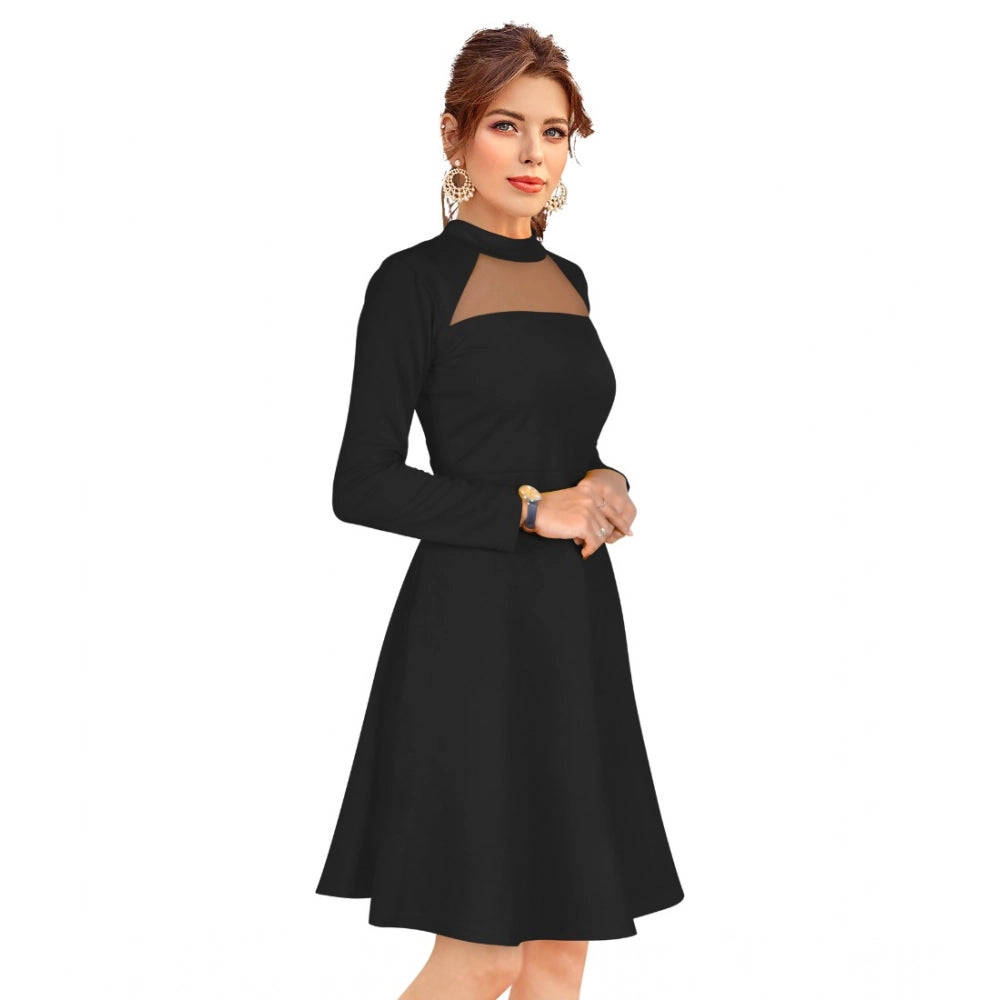 Seduva Women's Knitting stretchable Solid Round Neck Full Sleeve Dress (Black)